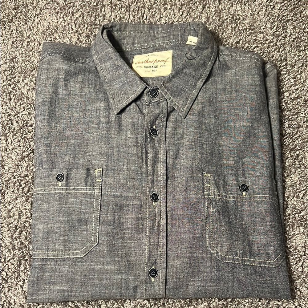 Weatherproof Gray Casual Button Down Shirt with Textured Fabric